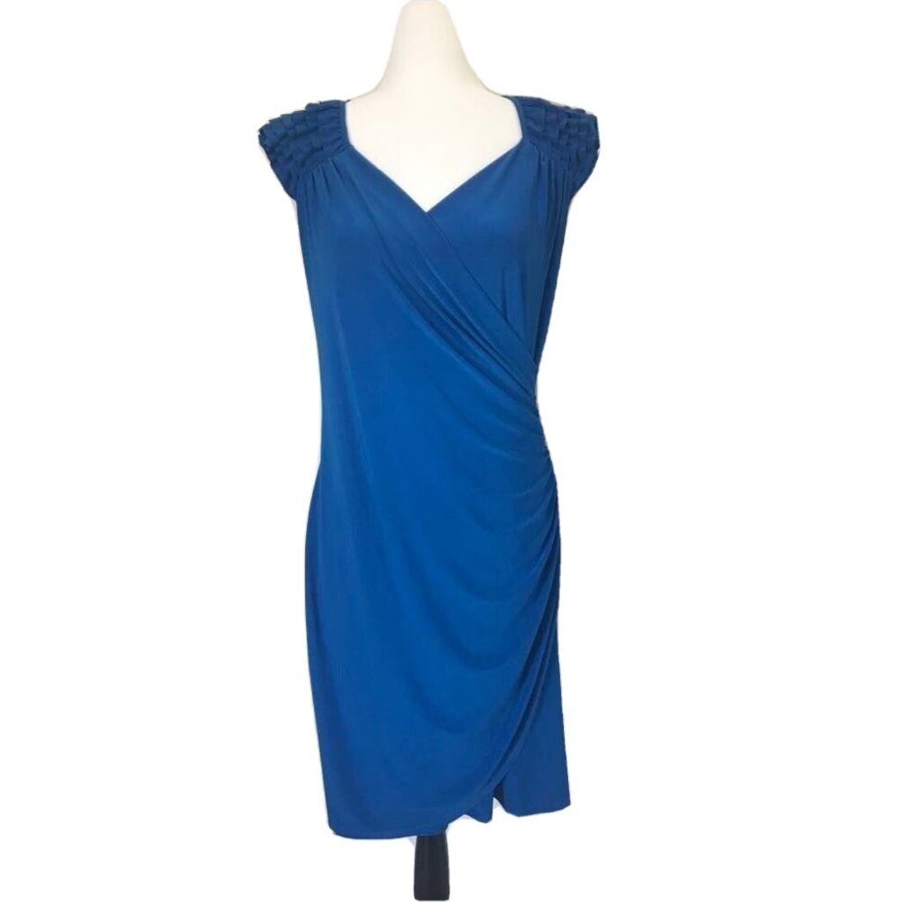 FRANK LYMAN Ruffled Cap Sleeve Dress Size 10 Royal Blue Ruched Waist Stretchy